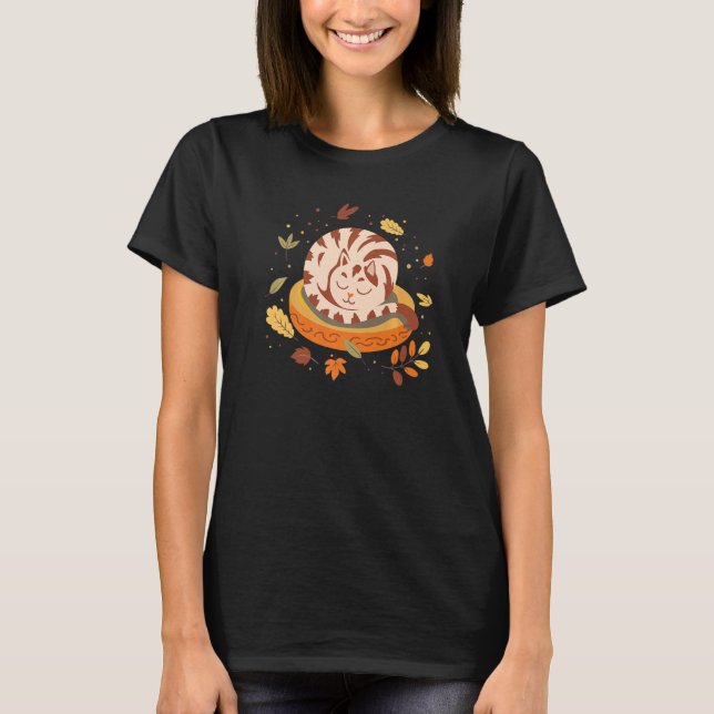 Autumn Vibes Cute Kitten Sleepy Cat Fall Season Le T-Shirt (Front)