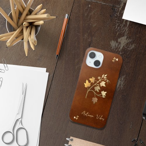 Autumn vibes golden vine branch brown leather iPhone 15 case