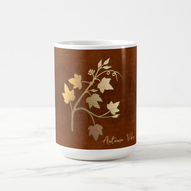 Autumn vibes golden vine branch brown leather coffee mug (Center)