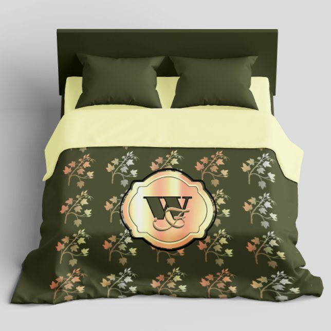 Autumn vibes golden vine branch on khaki Monogram Duvet Cover (Creator Uploaded)