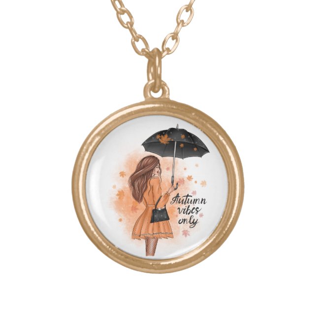 Autumn Vibes Only Fall Fashion Girl Gold Plated Necklace (Front)