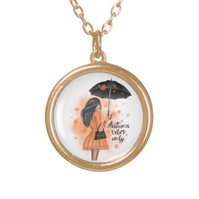 Autumn Vibes Only Fall Fashion Girl Gold Plated Necklace (Front)