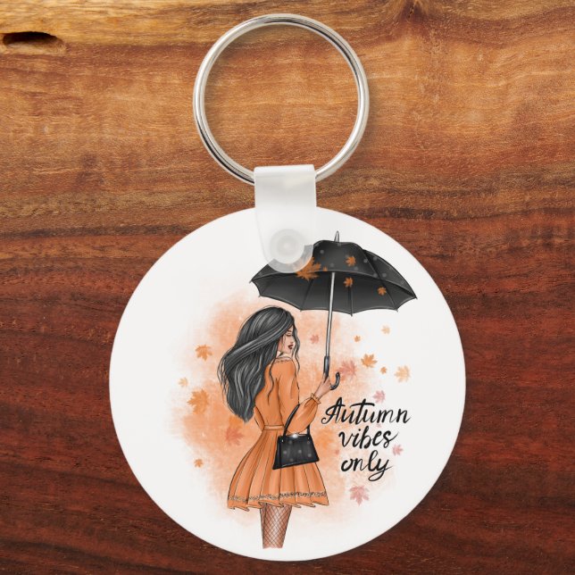 Autumn Vibes Only Fall Fashion Girl Keychain (Front)