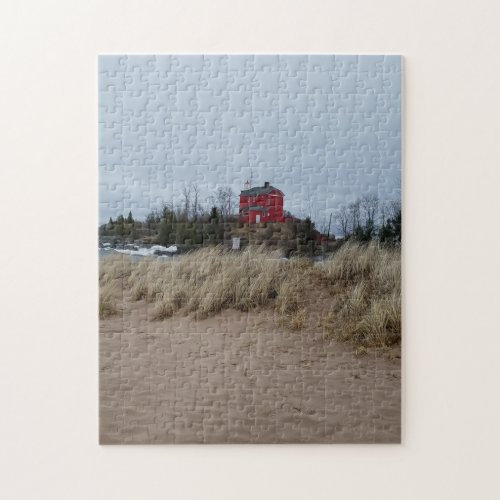 Autumn View Marquette Harbor Lighthouse Jigsaw Puzzle