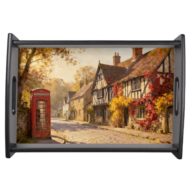 Autumn Village Scene in Golden Light Serving Tray (Front)