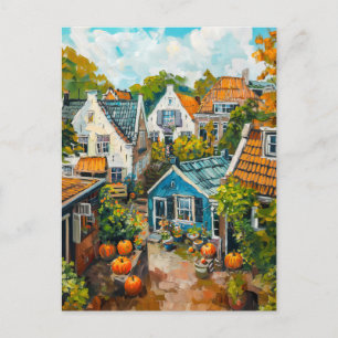 Autumn Village with Pumpkins and Cottages Painting Postcard