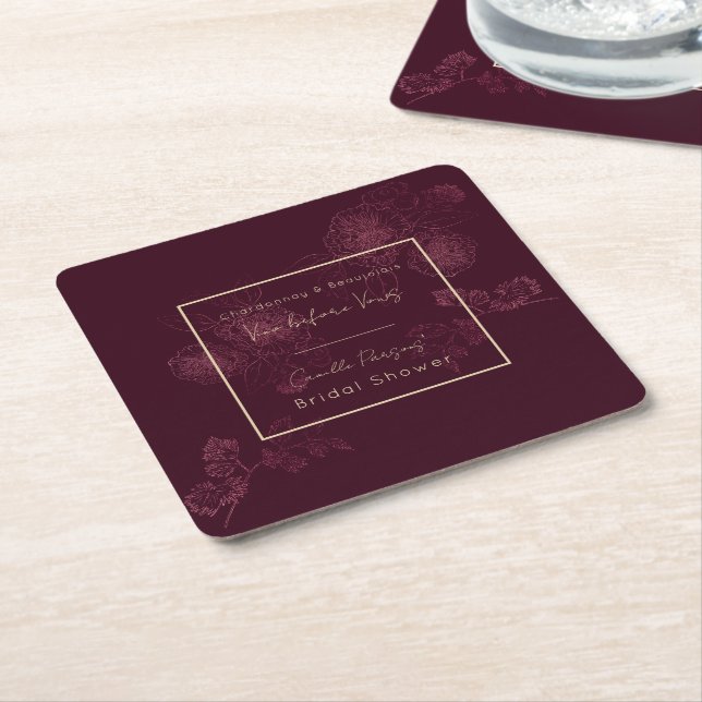 Autumn Vino Before Vows Rosegold Floral Lines Square Paper Coaster (Angled)