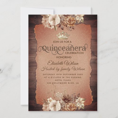 Autumn vintage elegant floral  tiara Quinceaera Invitation