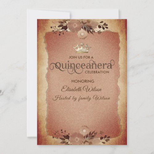 Autumn vintage elegant floral  tiara Quinceaera Invitation