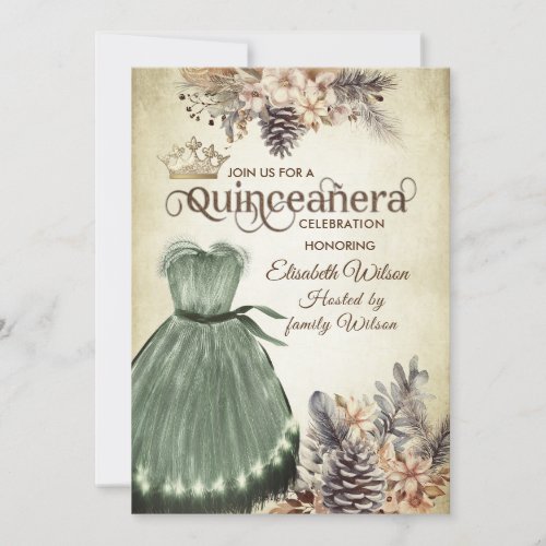 Autumn vintage elegant floral  tiara Quinceaera Invitation