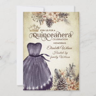 Autumn vintage elegant floral  tiara Quinceañera Invitation