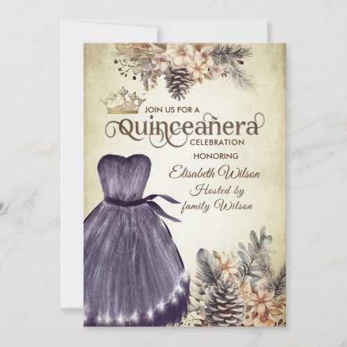 Autumn vintage elegant floral  tiara Quinceaera Invitation