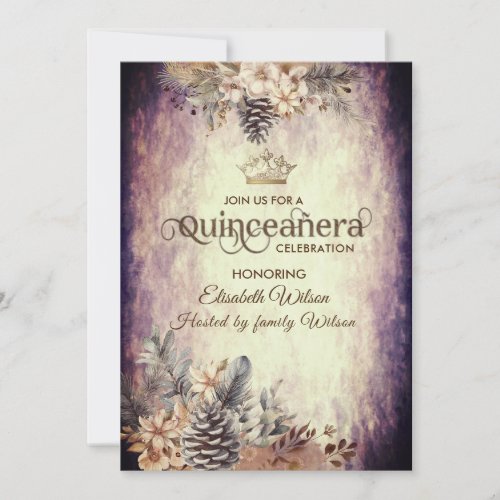 Autumn vintage elegant floral  tiara Quinceaera Invitation