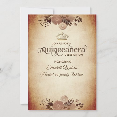 Autumn vintage elegant floral  tiara Quinceaera Invitation