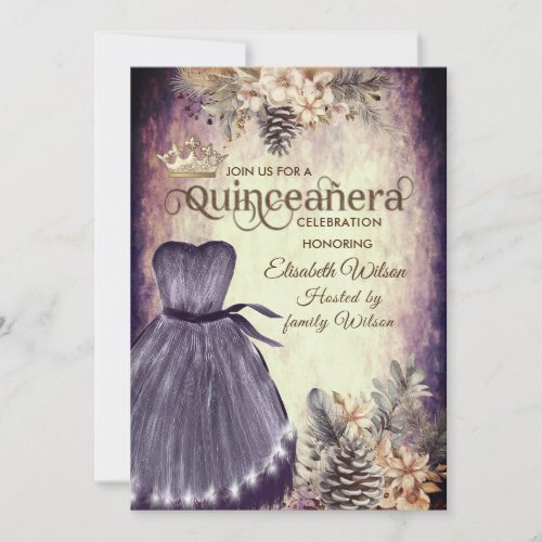 Autumn vintage elegant floral  tiara Quinceaera Invitation