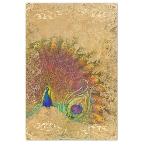 Autumn Vintage Peacock Feather Gold Decoupage  Tissue Paper