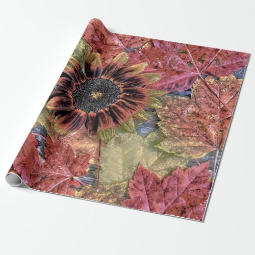 Autumn Vintage Sunflower Rustic Brown Maple Leaves Wrapping Paper