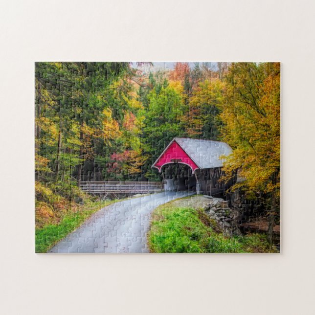 Autumn walk through covered bridge jigsaw puzzle (Horizontal)
