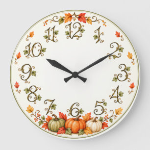 Autumn Wall Clock with Pumpkins & Leaves