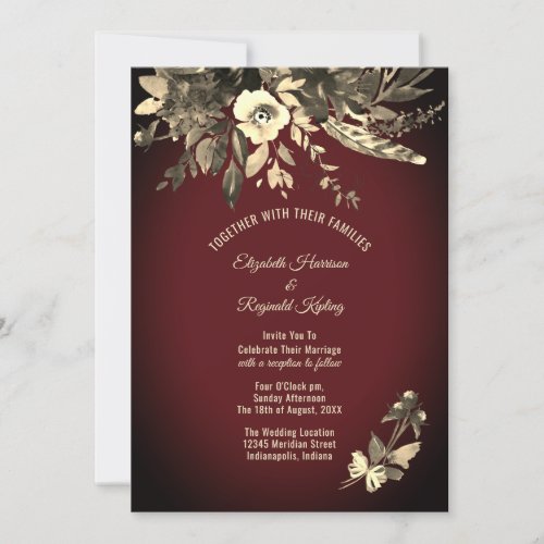 Autumn Watercolor Aged Floral Burgundy Wedding Invitation