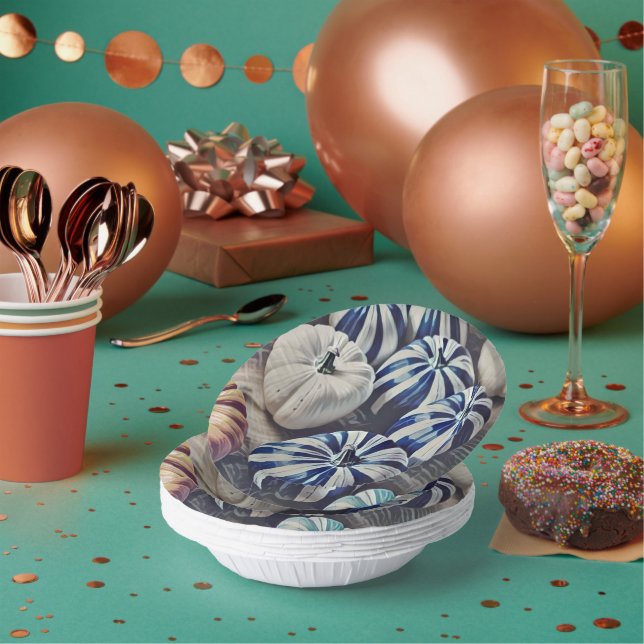 Autumn Watercolor Blue and White Pumpkin Design  Paper Bowls (Multi)