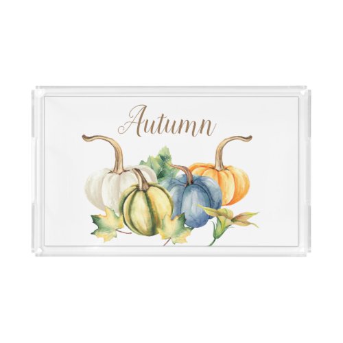 Autumn Watercolor Blue White Green Orange Pumpkin Acrylic Tray