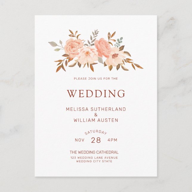 Autumn Watercolor Blush Floral Wedding Invitation Postcard (Front)