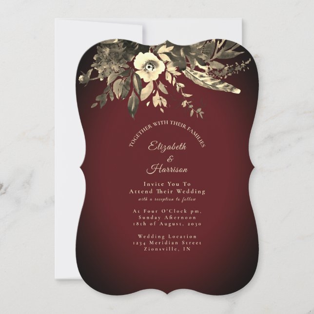 Autumn Watercolor Burgundy Floral Wedding Invitation (Front)