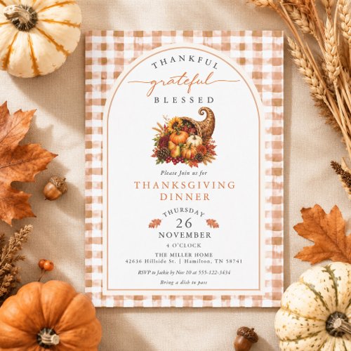 Autumn Watercolor Cornucopia Gingham Thanksgiving Invitation