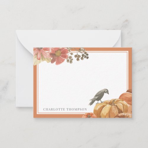 Autumn Watercolor Crow and Pumpkins Custom Name Note Card