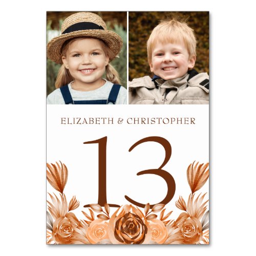 Autumn Watercolor Floral 2 Photo Wedding Table Number