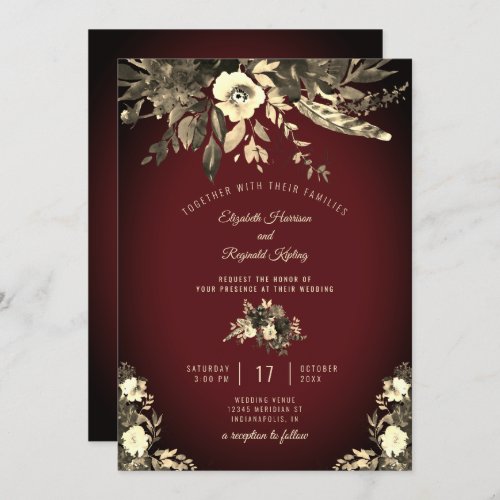 Autumn Watercolor Floral Burgundy  Ivory Wedding Invitation