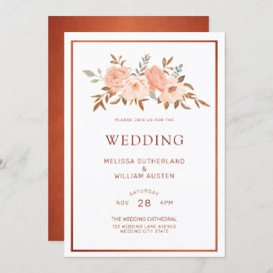 Autumn Watercolor Floral Copper Wedding Invitation
