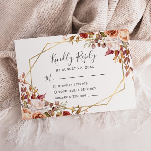 Autumn Watercolor Floral Geometric Fall Wedding RSVP Card