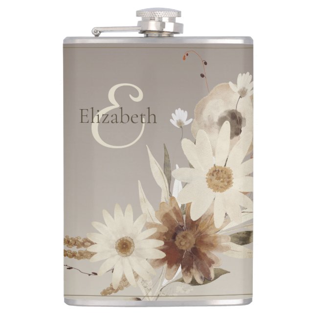 Autumn Watercolor Floral Monogram Flask (Front)