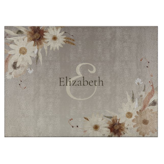 Autumn Watercolor Floral Monogram Personalized Cutting Board (Front)