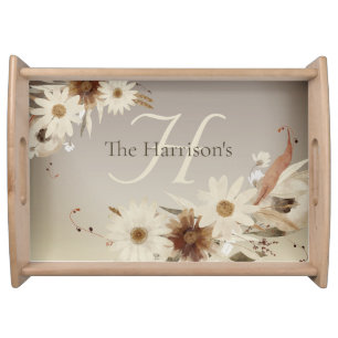 Autumn Watercolor Floral Monogram Personalized Serving Tray