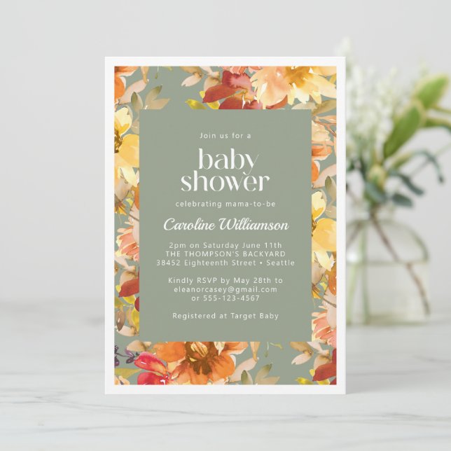 Autumn Watercolor Floral Pattern Chic Baby Shower Invitation (Standing Front)