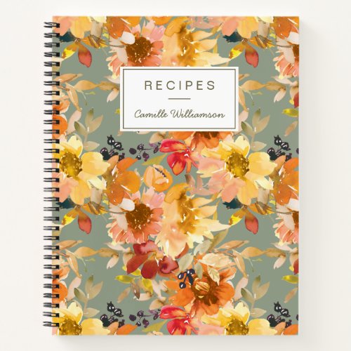 Autumn Watercolor Floral Personalized Recipe Notebook