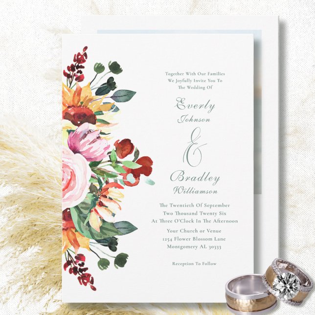 Autumn Watercolor Floral Sunset Burgundy Wedding Invitation (Creator Uploaded)