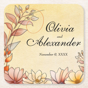 Autumn Watercolor Floral Terracotta Yellow Wedding Square Paper Coaster