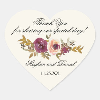Autumn Watercolor Floral Wedding Heart Sticker