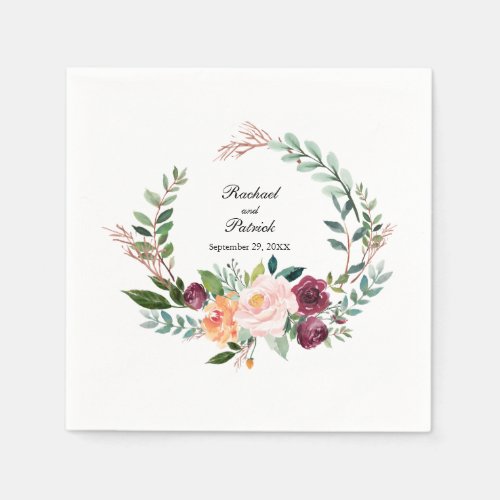 Autumn Watercolor Floral Wreath Wedding Paper Napkins