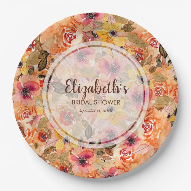 Autumn Watercolor Flowers Bridal Shower Paper Plates (Front)