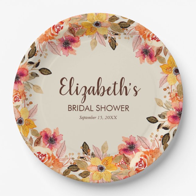 Autumn Watercolor Flowers Bridal Shower Paper Plates (Front)