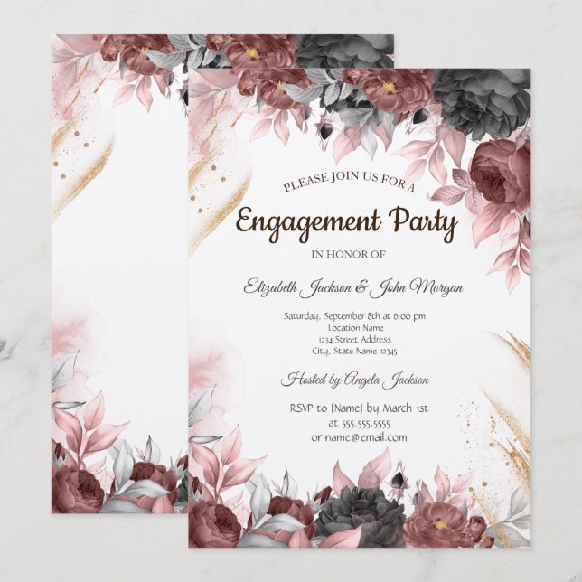 Autumn Watercolor Flowers Engagement  Invitation (Front/Back)