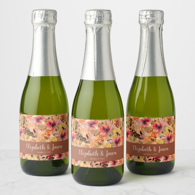 Autumn Watercolor Flowers Terracotta Wedding Mini Sparkling Wine Label (Bottles)