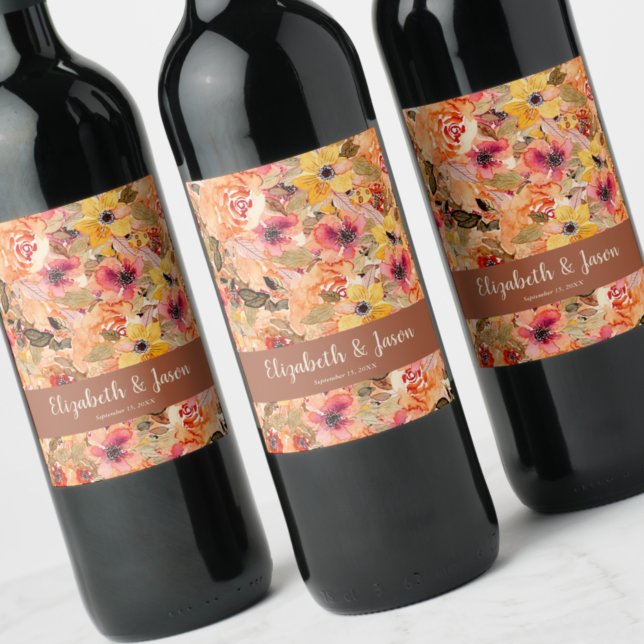 Autumn Watercolor Flowers Terracotta Wedding Wine Label (Creator Uploaded)