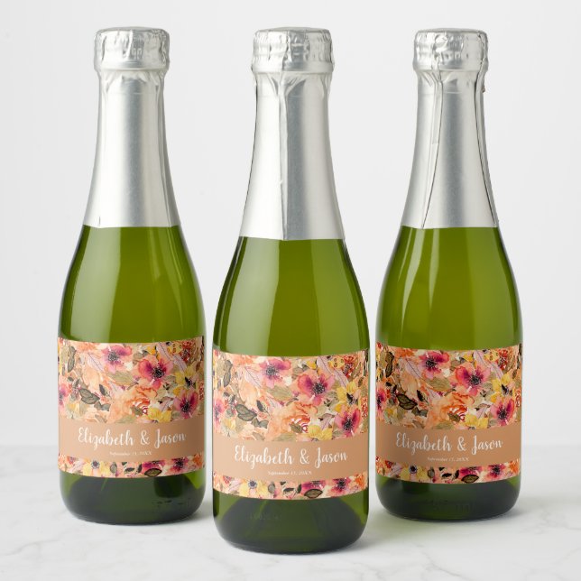Autumn Watercolor Flowers Wedding Mini Sparkling Wine Label (Bottles)
