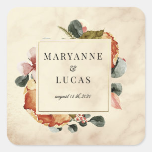 autumn watercolor foliage monogram wedding square sticker